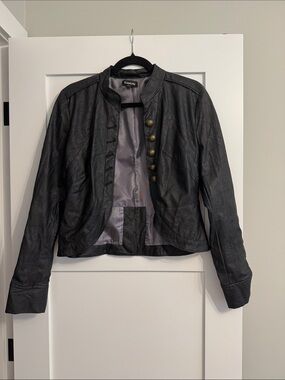 bebe Black Cropped Military-Style Leather Jacket with Brass Buttons